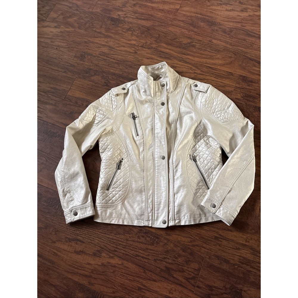 BKE Moto Jacket Womens Faux Leather Pocket Zipper Accents Biker Chick LG Cream
